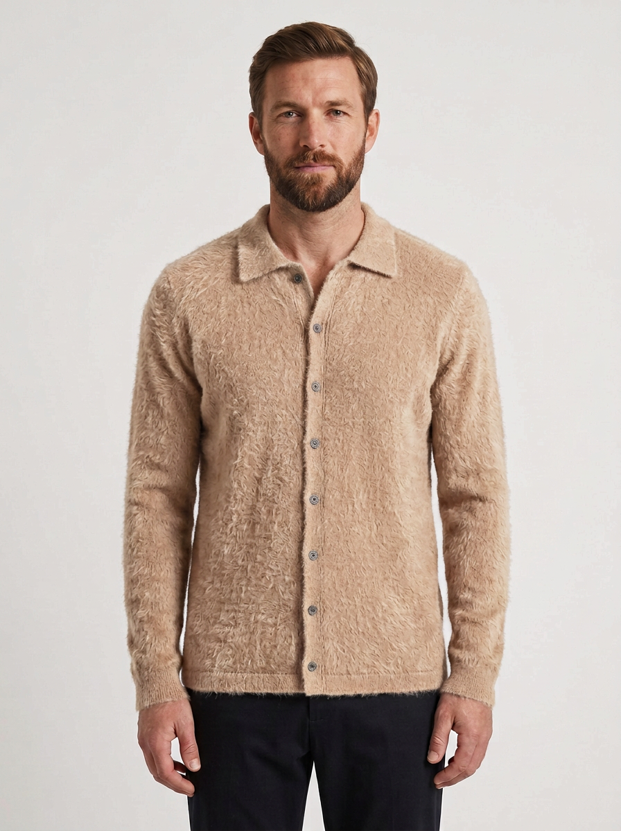 Textured Knit Polo Jumper with Button Front for Mens