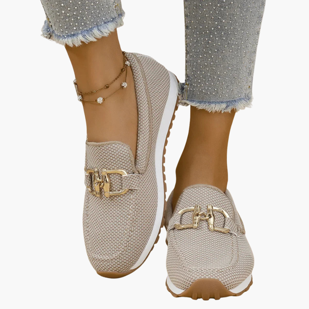 Textured Mesh-Style Slip-On Loafers with Metallic Vamp Ornament for Women