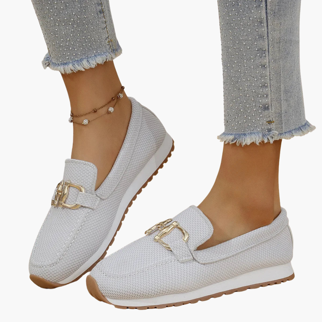 Textured Mesh-Style Slip-On Loafers with Metallic Vamp Ornament for Women