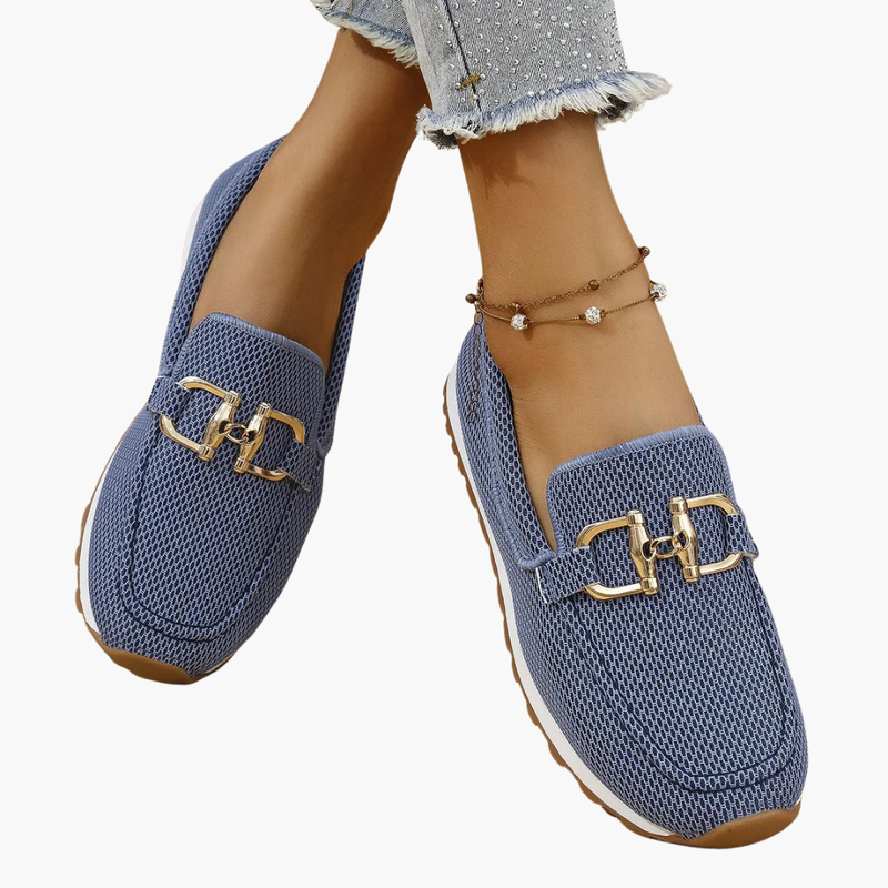 Textured Mesh-Style Slip-On Loafers with Metallic Vamp Ornament for Women
