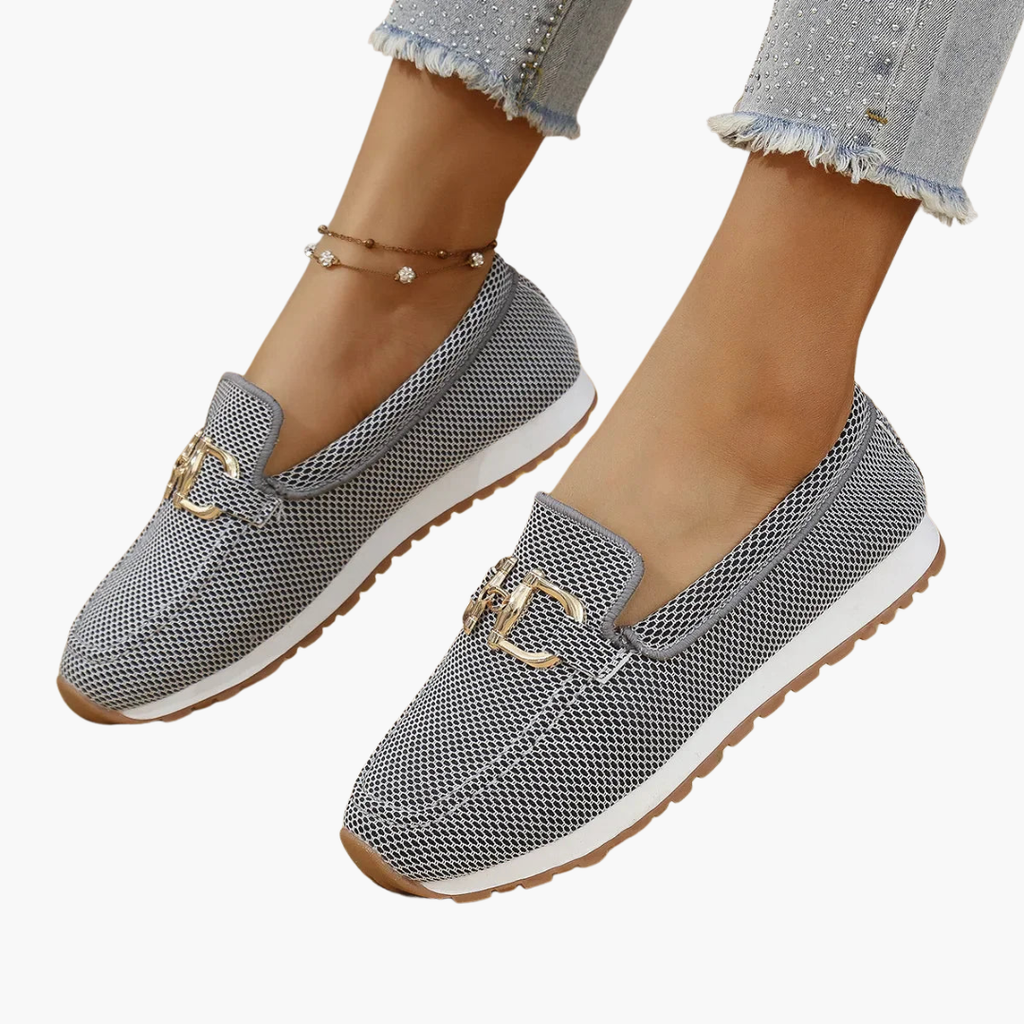 Textured Mesh-Style Slip-On Loafers with Metallic Vamp Ornament for Women