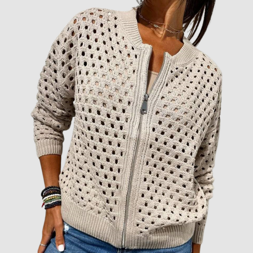 Textured Openwork Knit Cardigan with Front Zip for Women