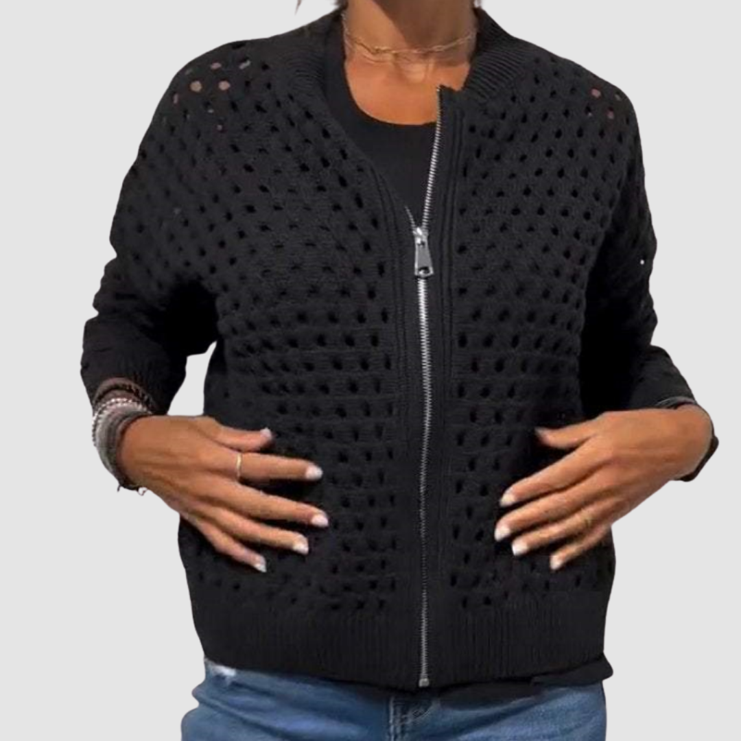 Textured Openwork Knit Cardigan with Front Zip for Women