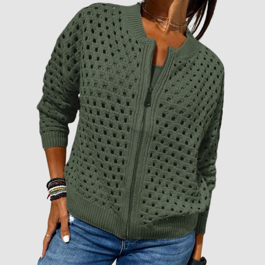 Textured Openwork Knit Cardigan with Front Zip for Women