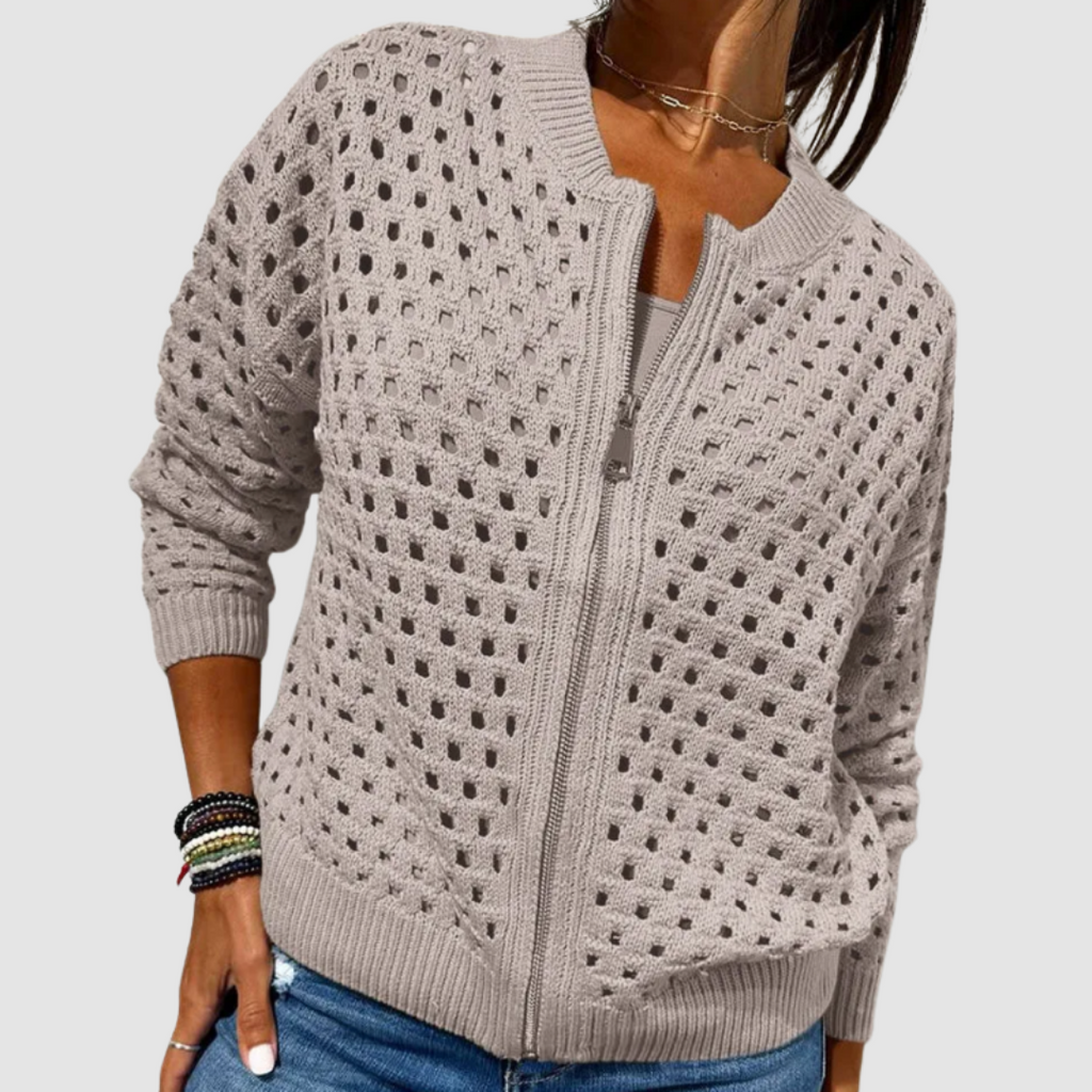 Textured Openwork Knit Cardigan with Front Zip for Women