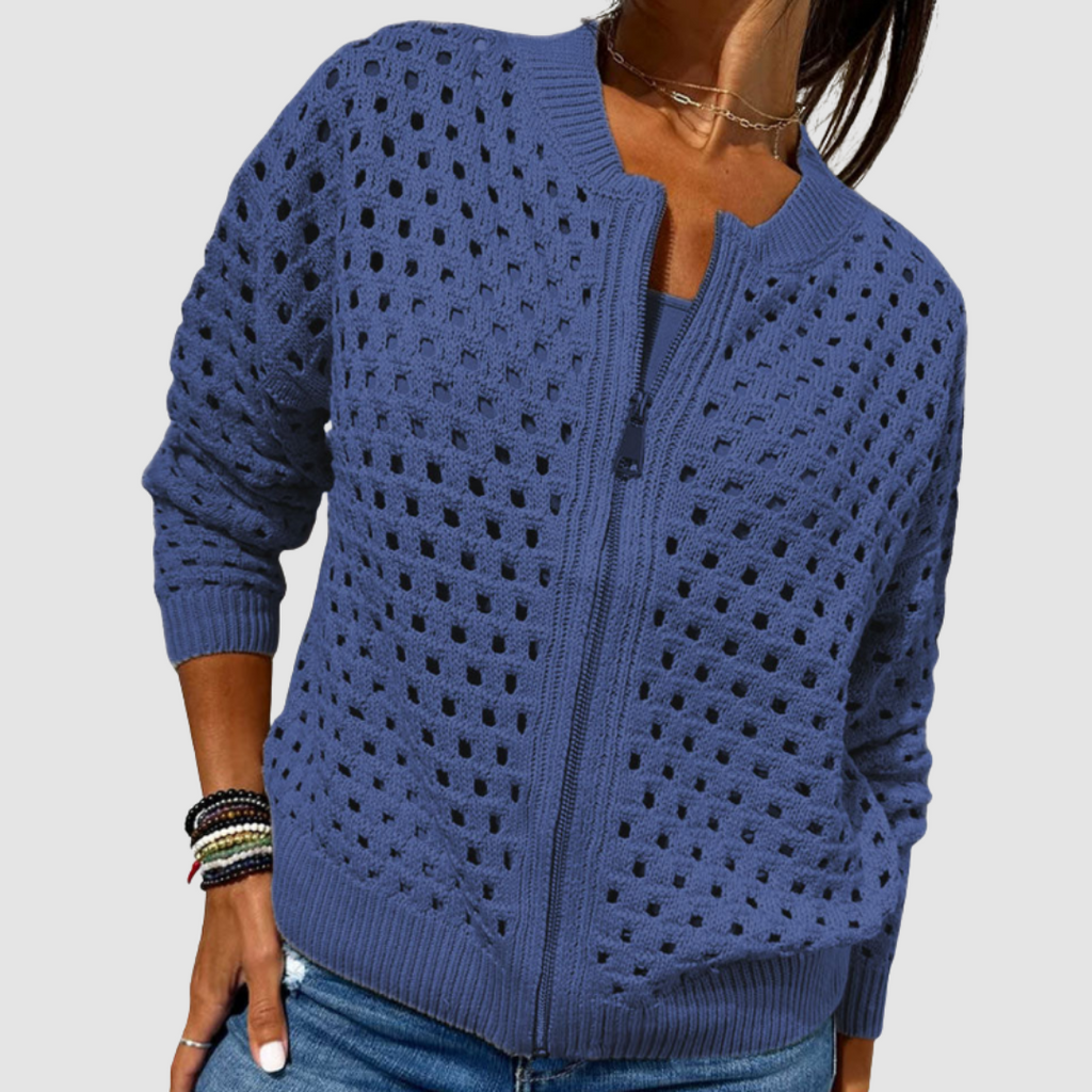 Textured Openwork Knit Cardigan with Front Zip for Women