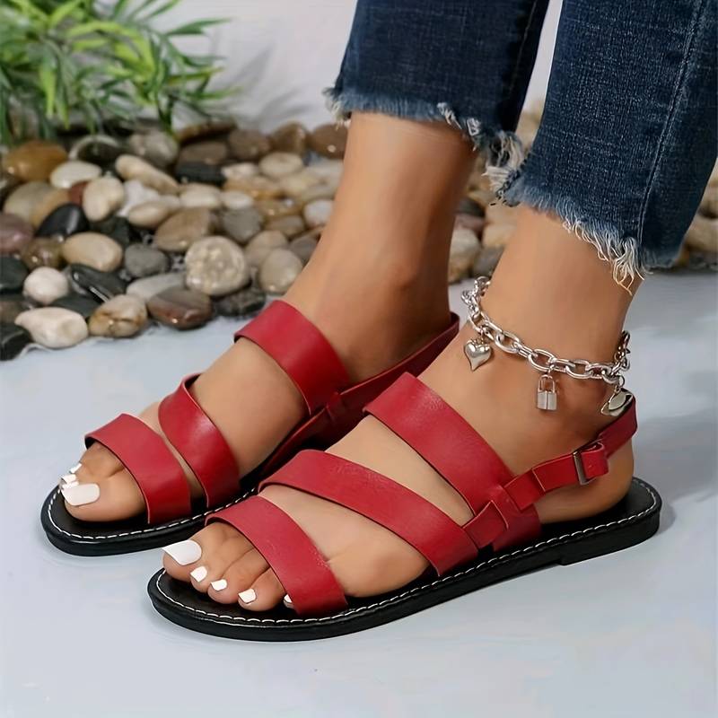 Three-Strap Flat Sandals with Ankle Strap for Women