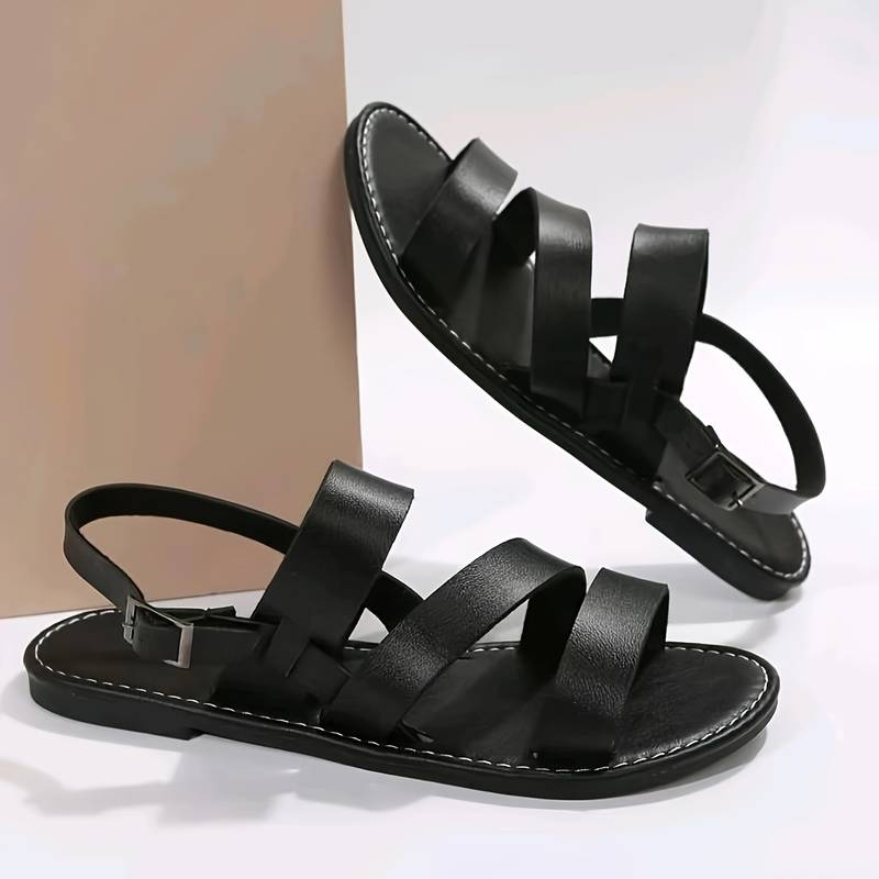 Three-Strap Flat Sandals with Ankle Strap for Women
