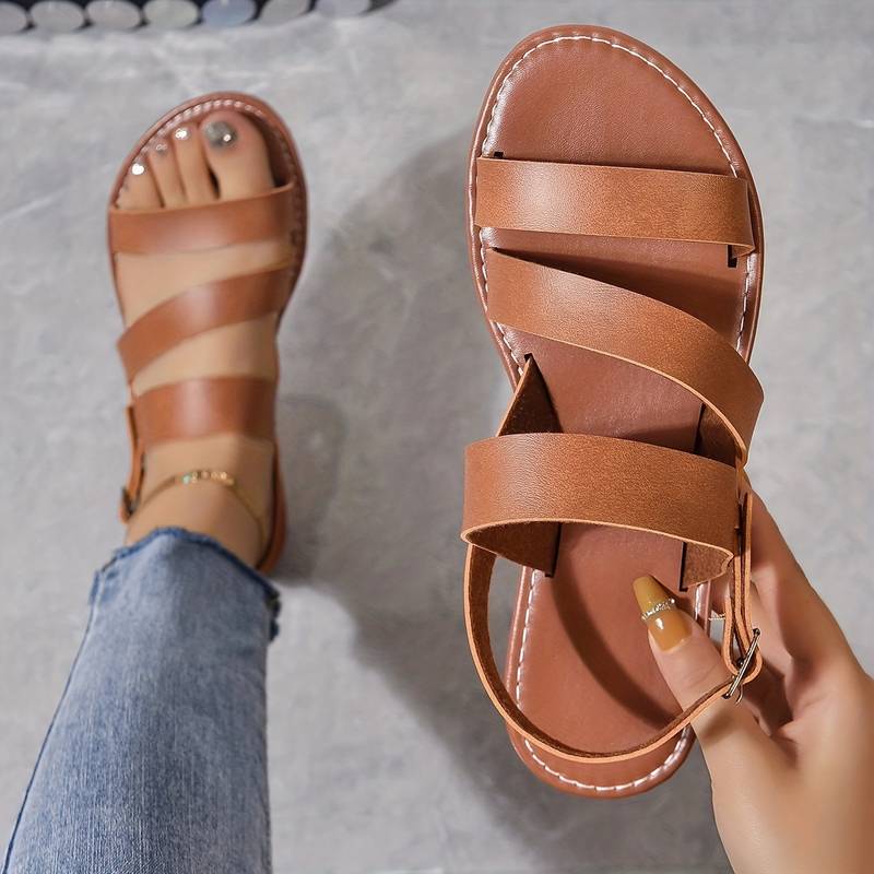 Three-Strap Flat Sandals with Ankle Strap for Women