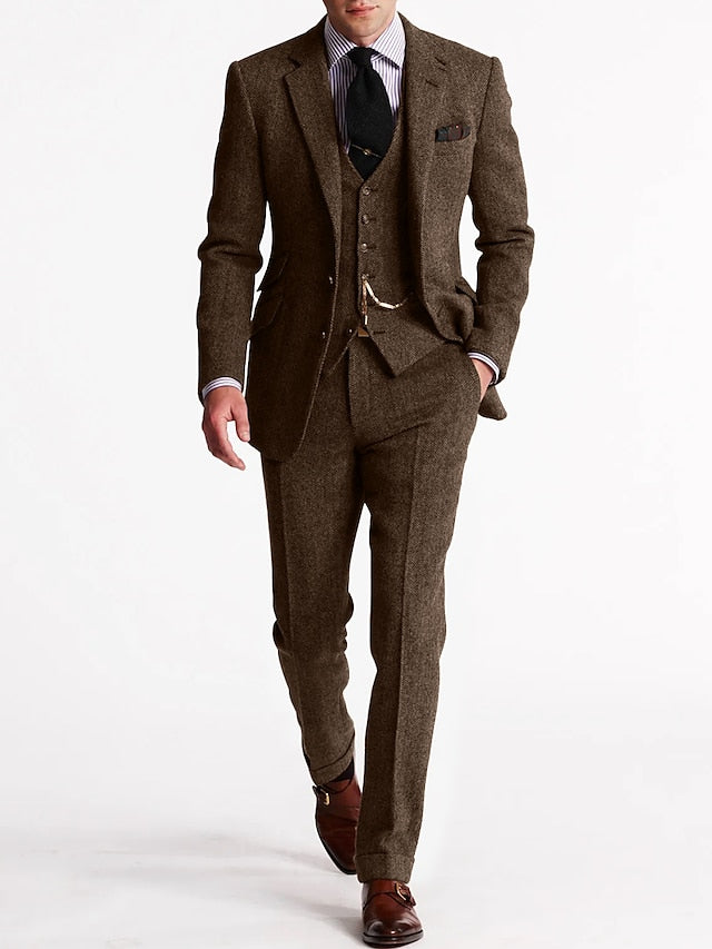 Three Piece Tweed Suit with Waistcoat Chain for Men