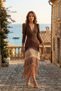 Tiered Fringe Midi Evening Dress with Draped Waist for Women