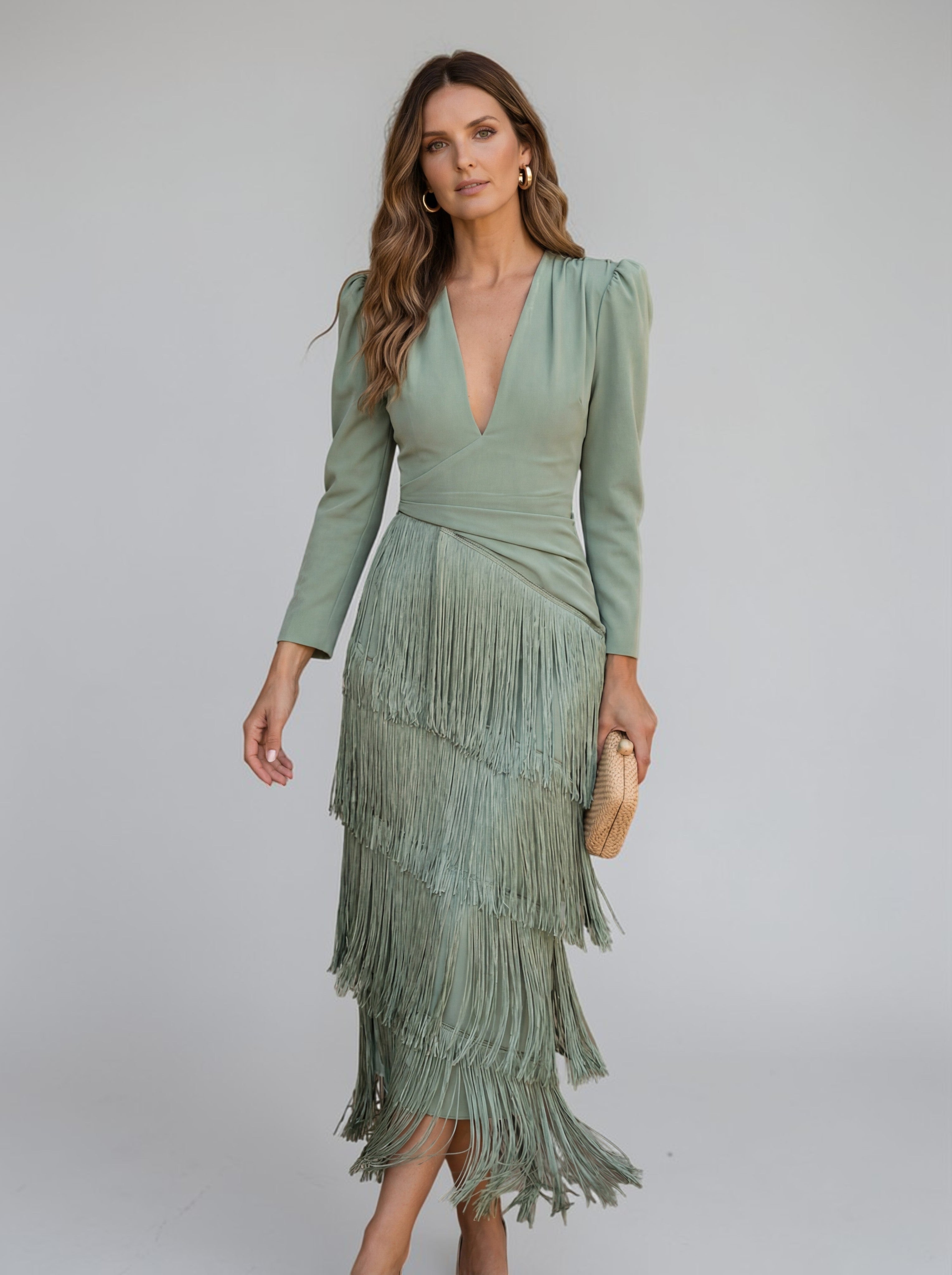 Tiered Fringe Midi Evening Dress with Draped Waist for Women