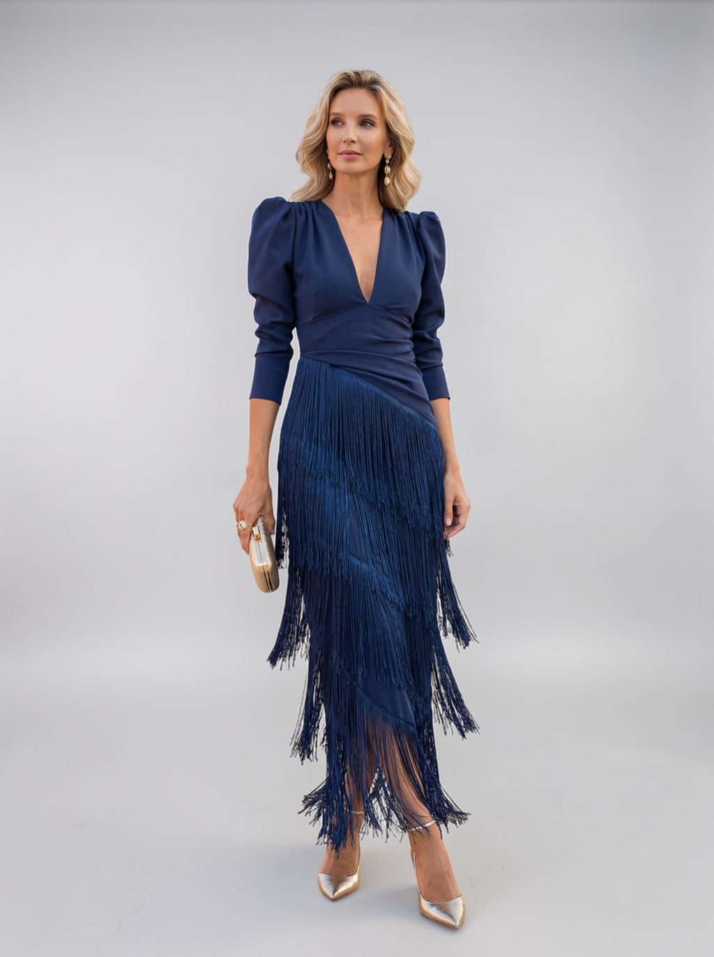 Tiered Fringe Midi Evening Dress with Draped Waist for Women