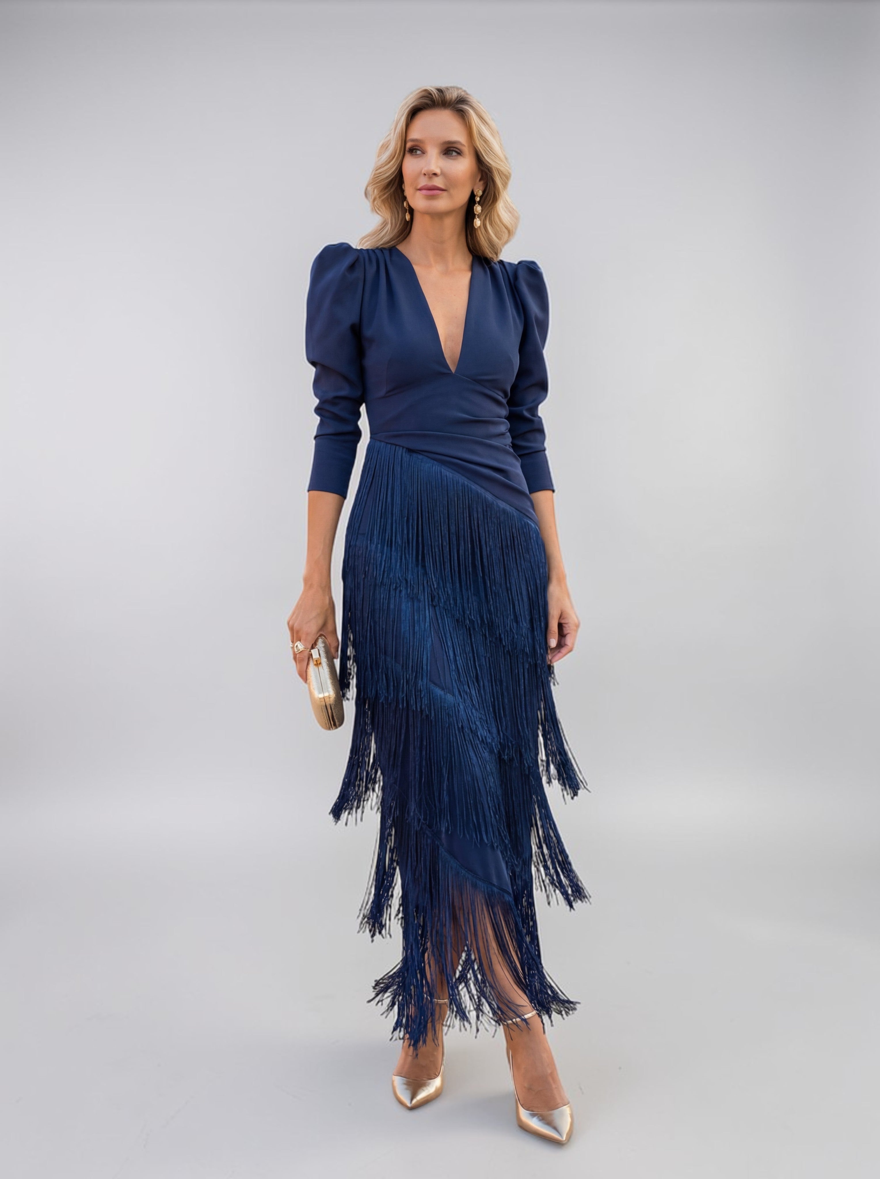 Tiered Fringe Midi Evening Dress with Draped Waist for Women