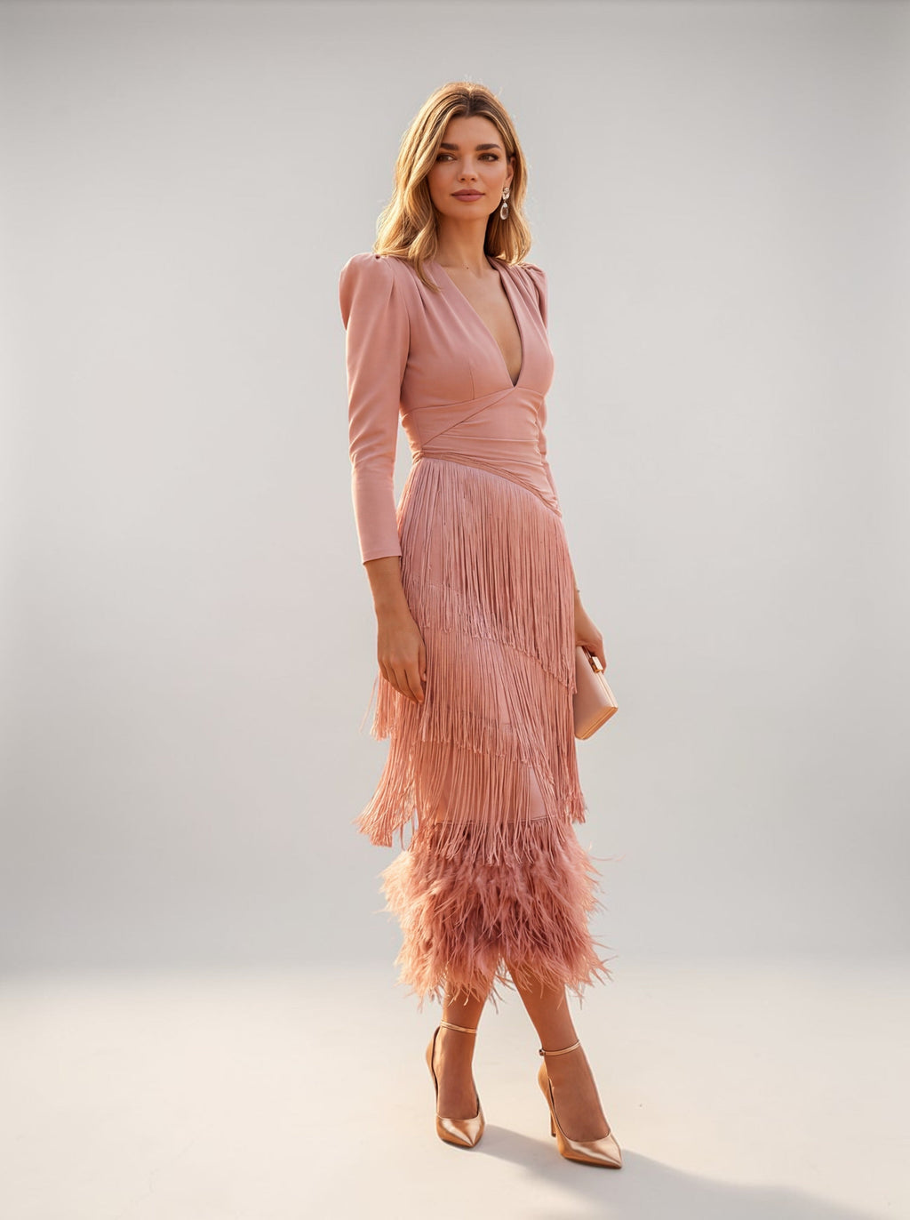Tiered Fringe Midi Evening Dress with Draped Waist for Women