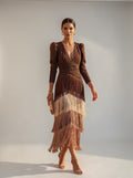 Tiered Fringe Midi Evening Dress with Draped Waist for Women