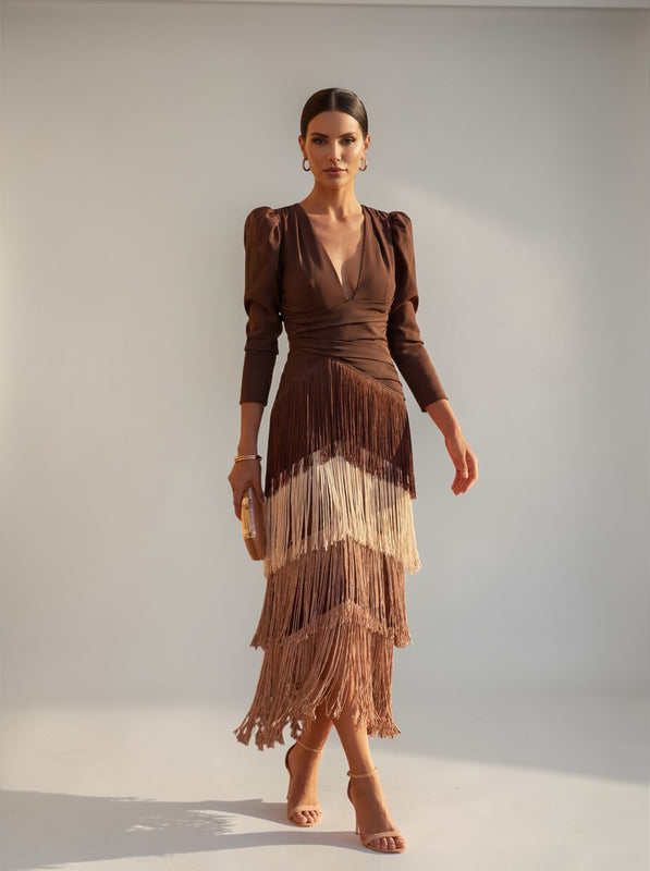 Tiered Fringe Midi Evening Dress with Draped Waist for Women