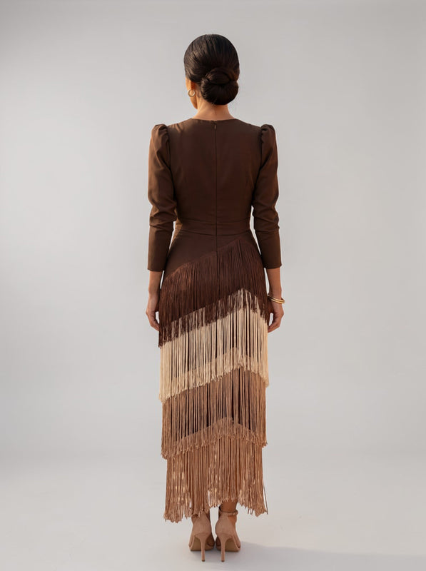 Tiered Fringe Midi Evening Dress with Draped Waist for Women