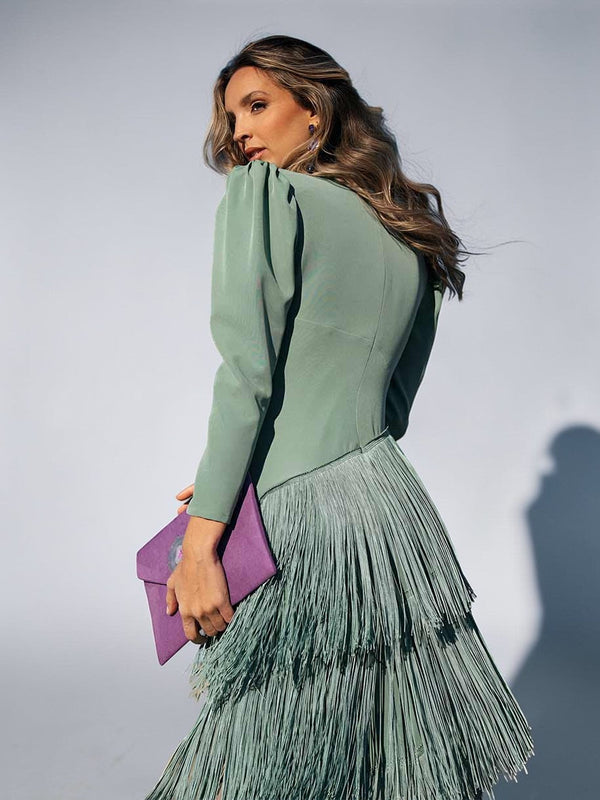 Tiered Fringe Midi Evening Dress with Draped Waist for Women
