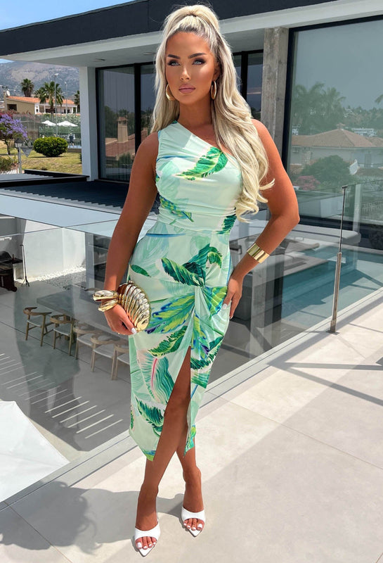 Tropical Leaf Print One-Shoulder Midi Dress with Front Thigh Slit for Women