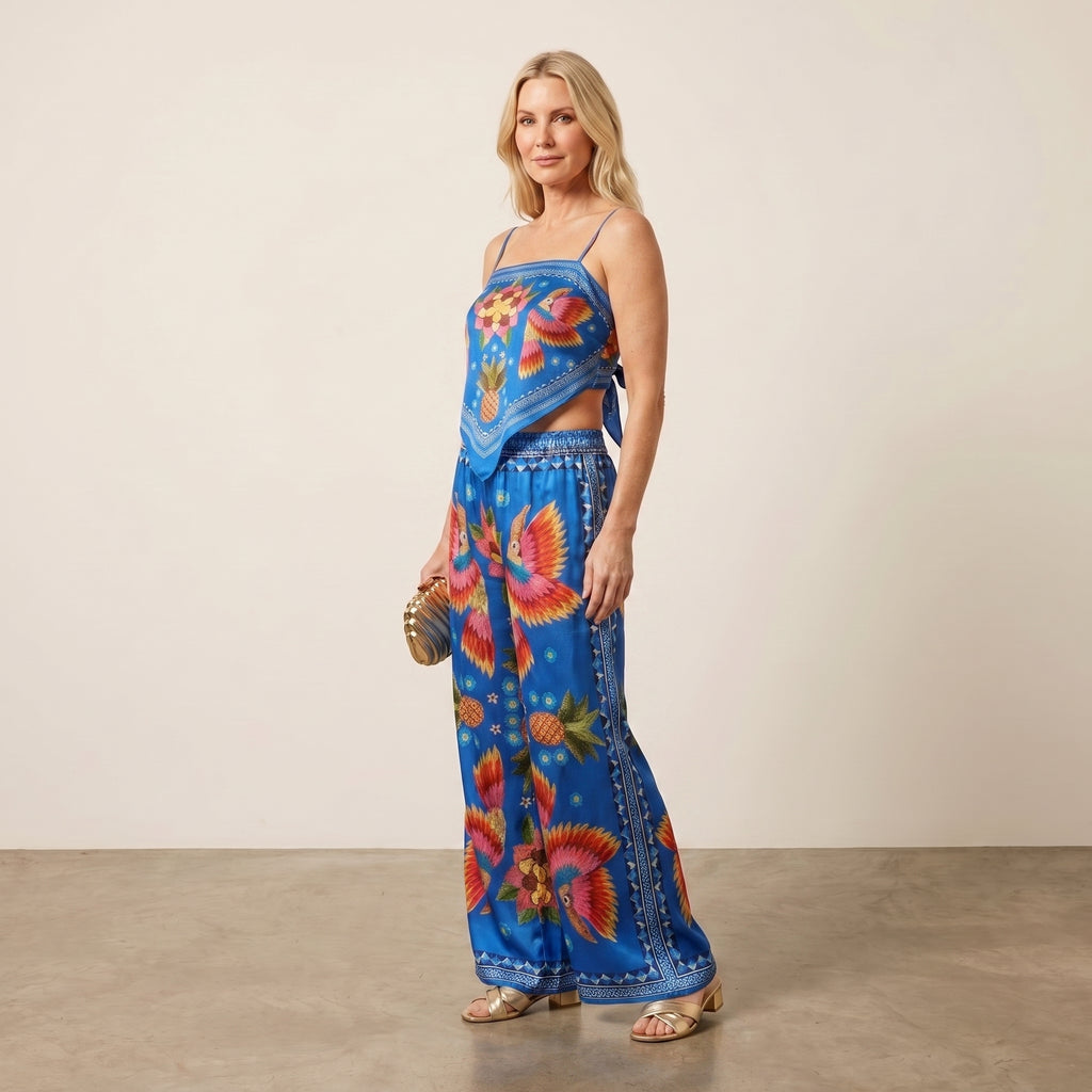 Tropical Print Two-Piece Top and Pants Set with Scarf-Style Cropped Top for Women