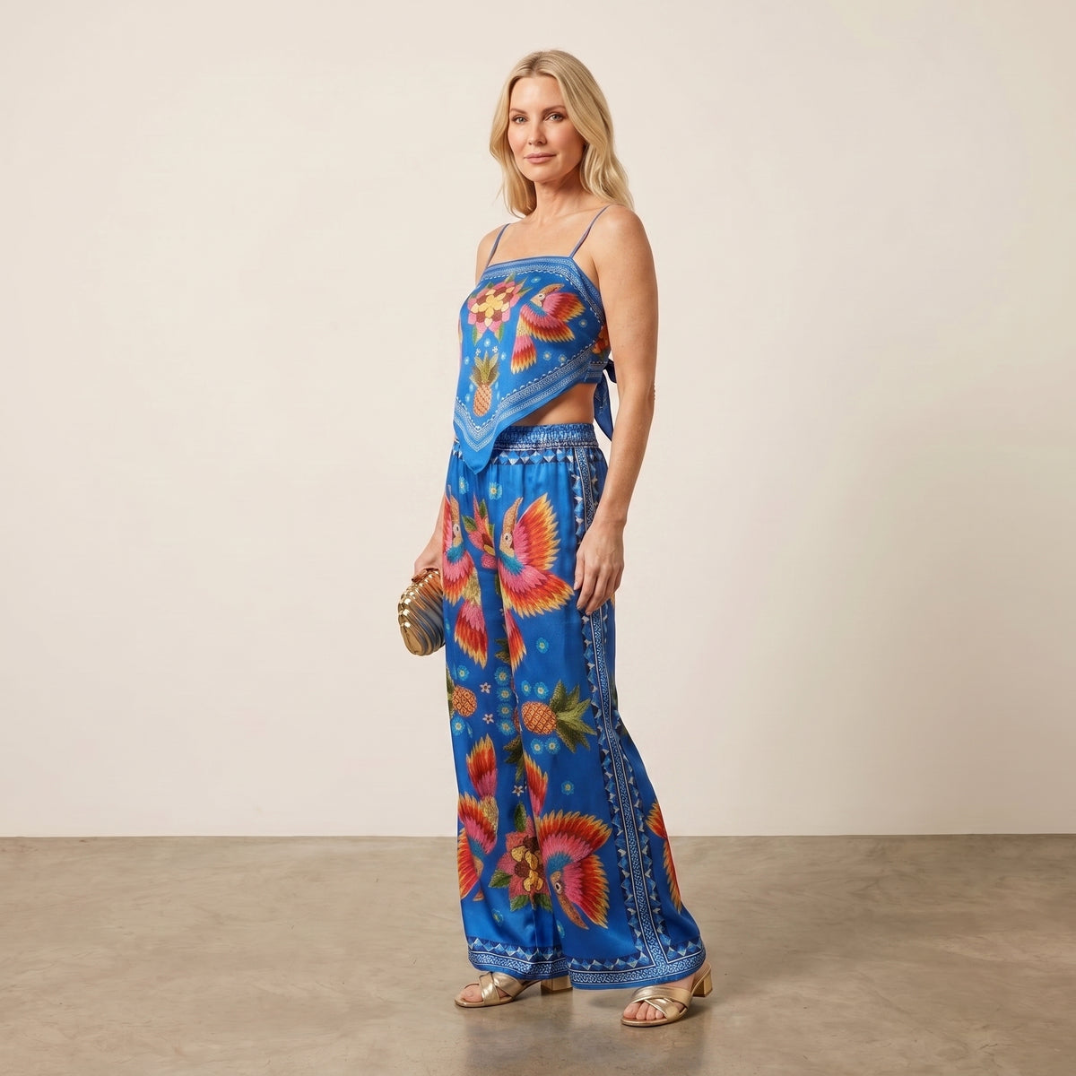 Tropical Print Two-Piece Top and Pants Set with Scarf-Style Cropped Top for Women