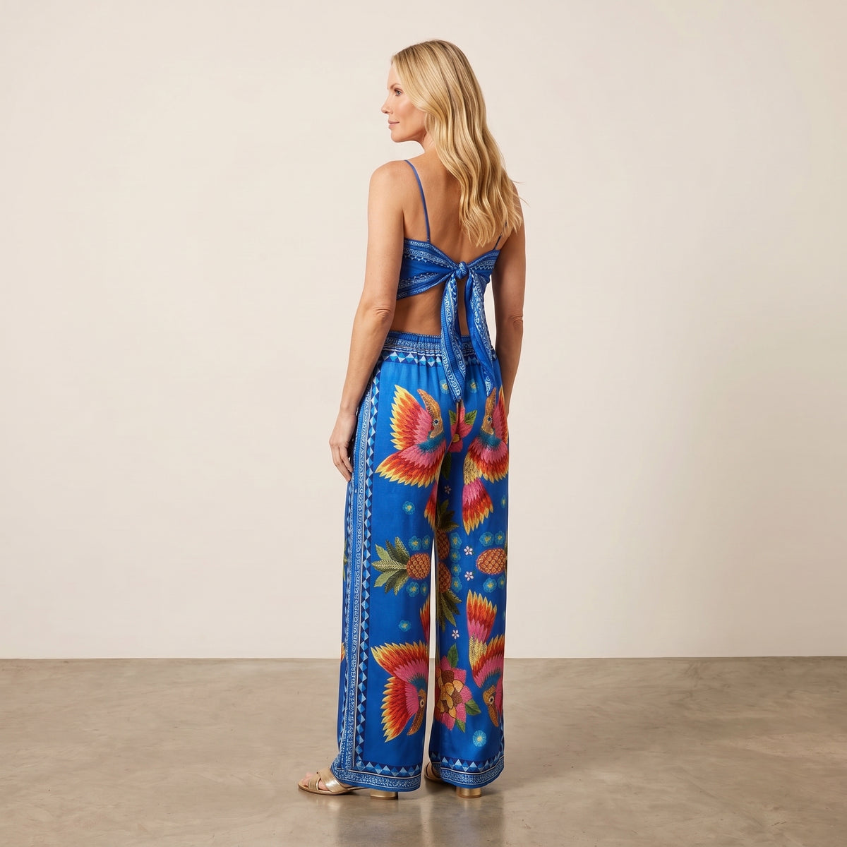 Tropical Print Two-Piece Top and Pants Set with Scarf-Style Cropped Top for Women
