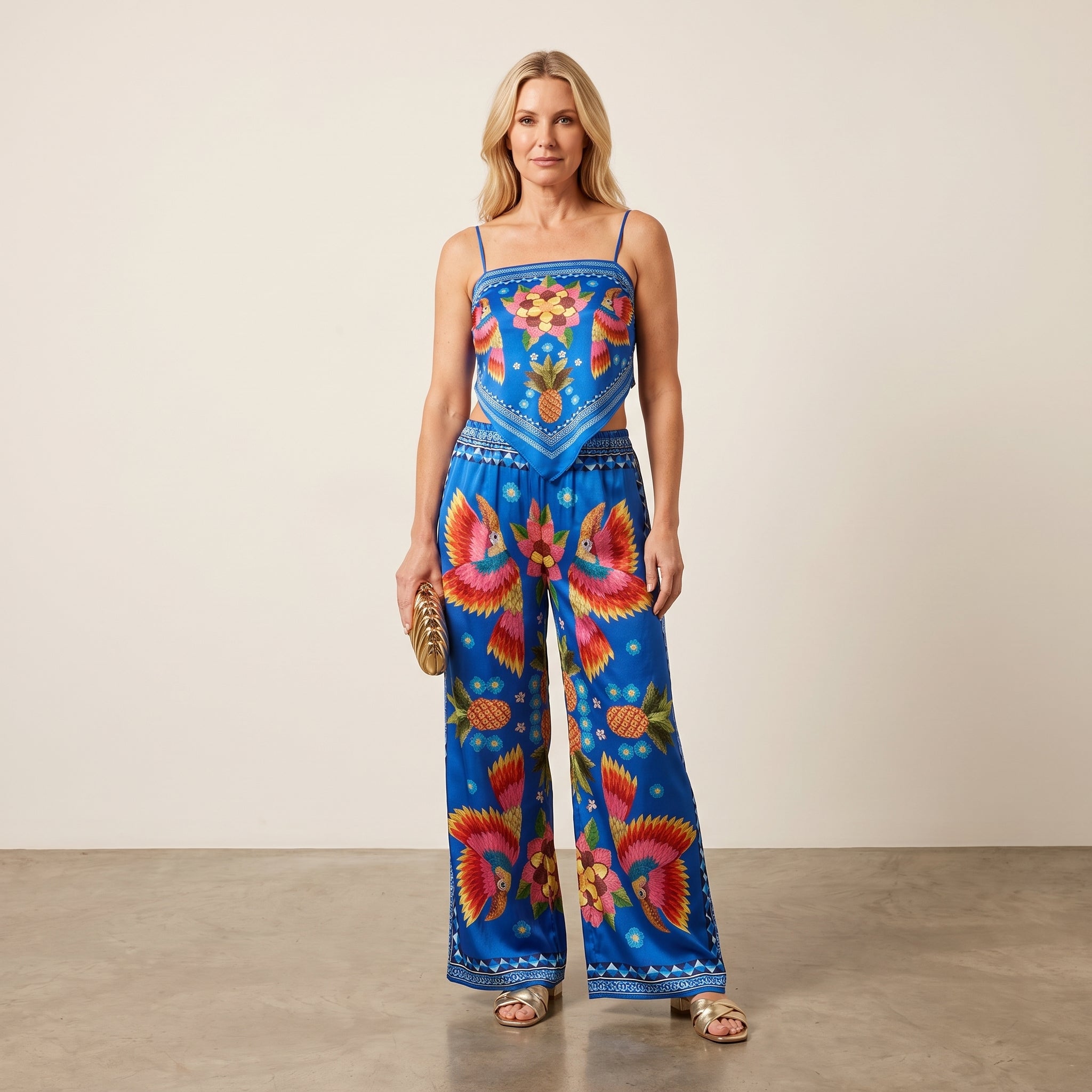 Tropical Print Two-Piece Top and Pants Set with Scarf-Style Cropped Top for Women