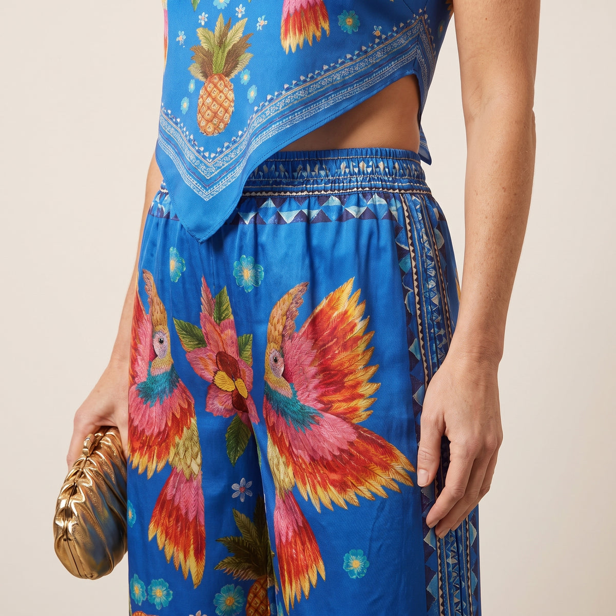 Tropical Print Two-Piece Top and Pants Set with Scarf-Style Cropped Top for Women