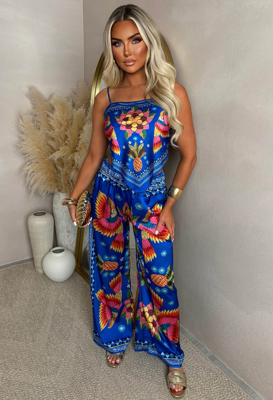 Tropical Print Two-Piece Top and Pants Set with Scarf-Style Cropped Top for Women
