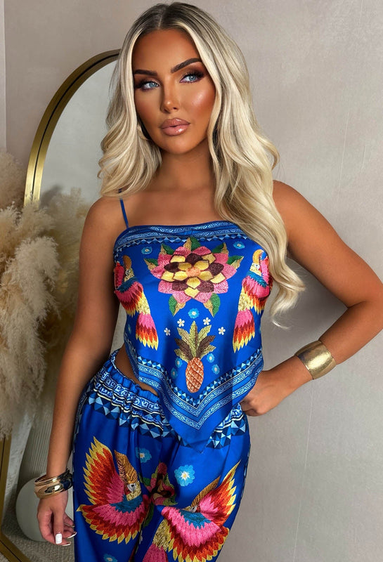 Tropical Print Two-Piece Top and Pants Set with Scarf-Style Cropped Top for Women