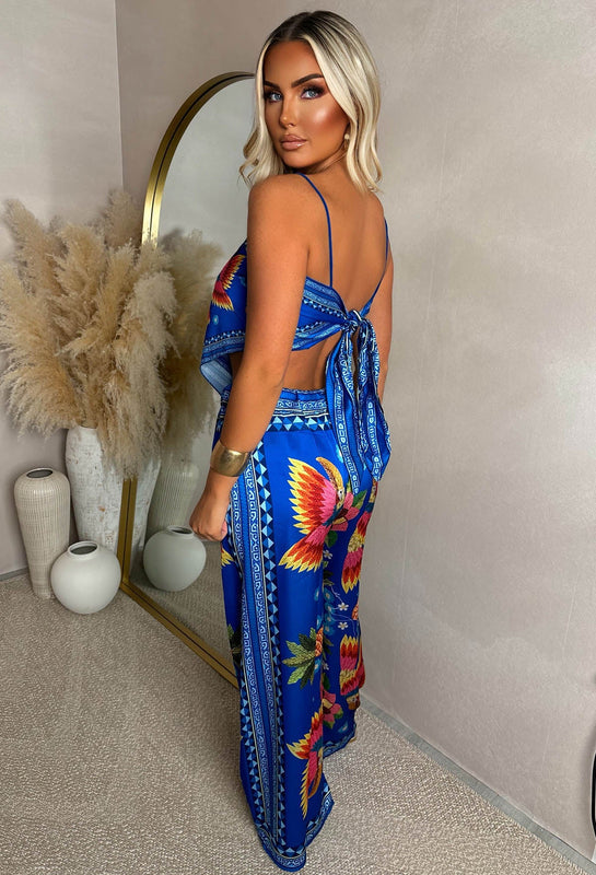 Tropical Print Two-Piece Top and Pants Set with Scarf-Style Cropped Top for Women
