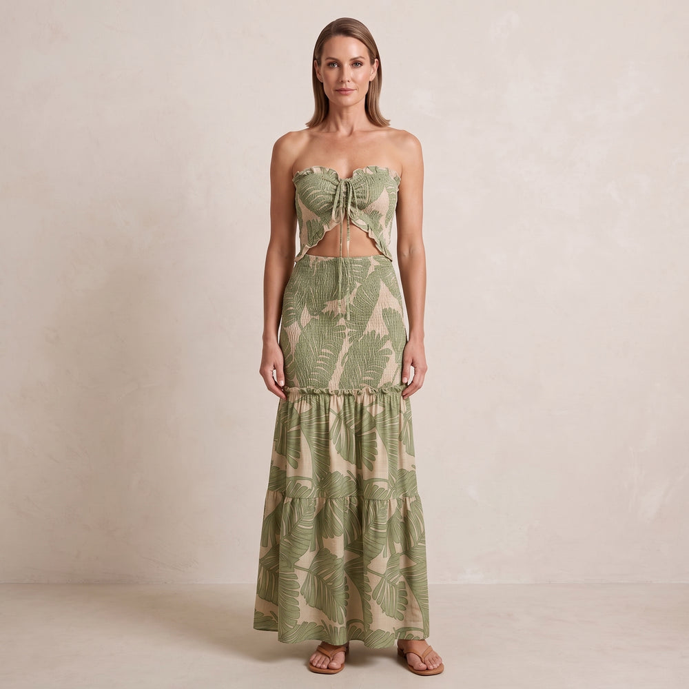Tropical Leaf Print Maxi Dress with Front Cutout for Women