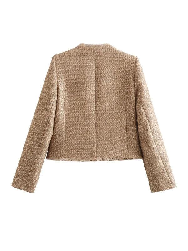 Tweed-Style Short Jacket with Four Front Pockets for Women