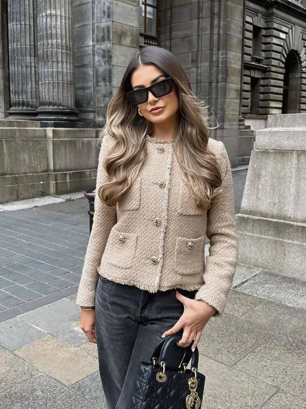 Tweed-Style Short Jacket with Four Front Pockets for Women