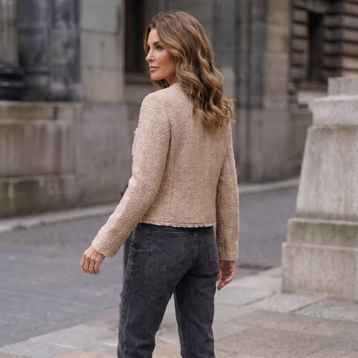 Tweed-Style Short Jacket with Four Front Pockets for Women