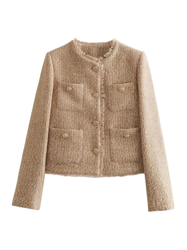 Tweed-Style Short Jacket with Four Front Pockets for Women
