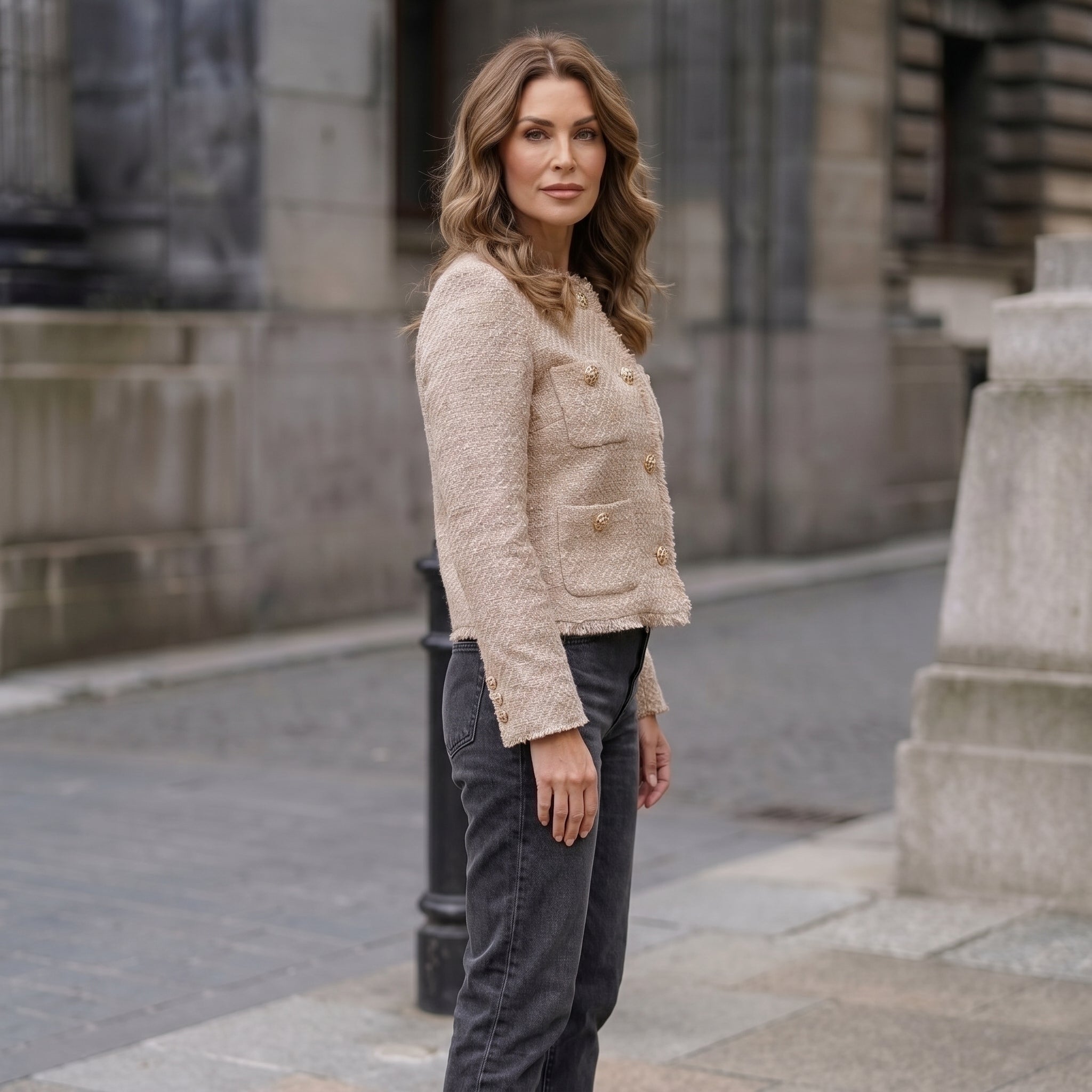 Tweed-Style Short Jacket with Four Front Pockets for Women
