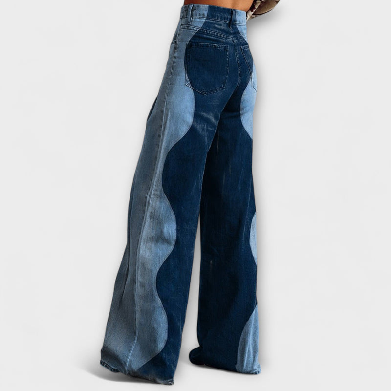 Two-Tone Curved Panel Wide-Leg Denim-Style Trousers with Front Pockets for Women