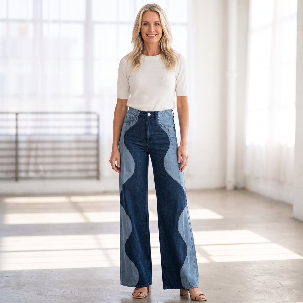 Two-Tone Curved Panel Wide-Leg Denim-Style Trousers with Front Pockets for Women