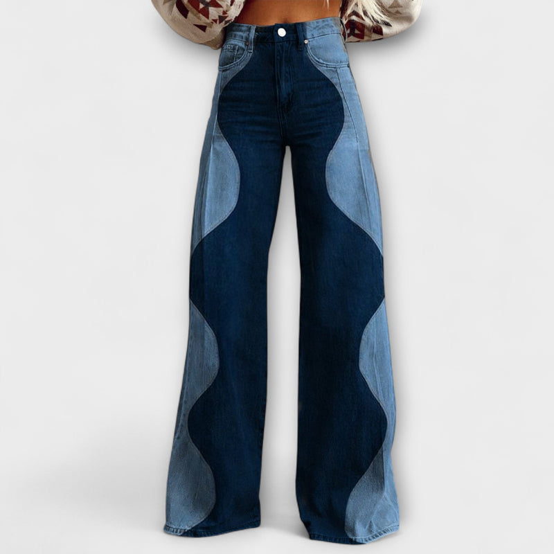 Two-Tone Curved Panel Wide-Leg Denim-Style Trousers with Front Pockets for Women