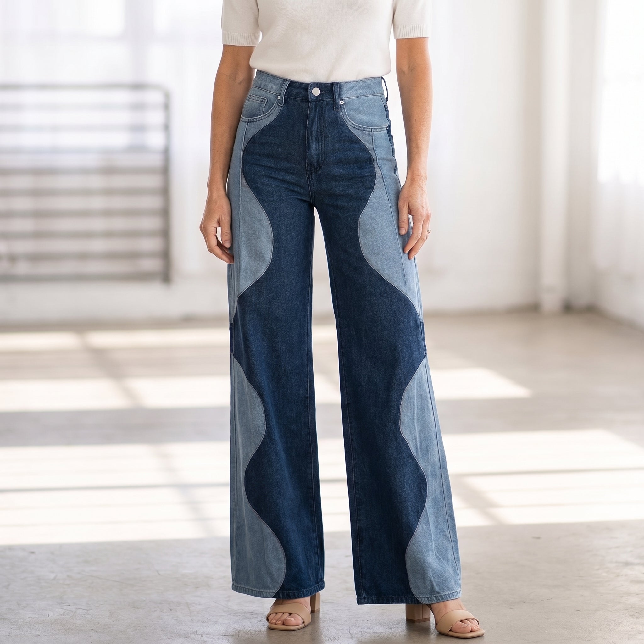 Two-Tone Curved Panel Wide-Leg Denim-Style Trousers with Front Pockets for Women