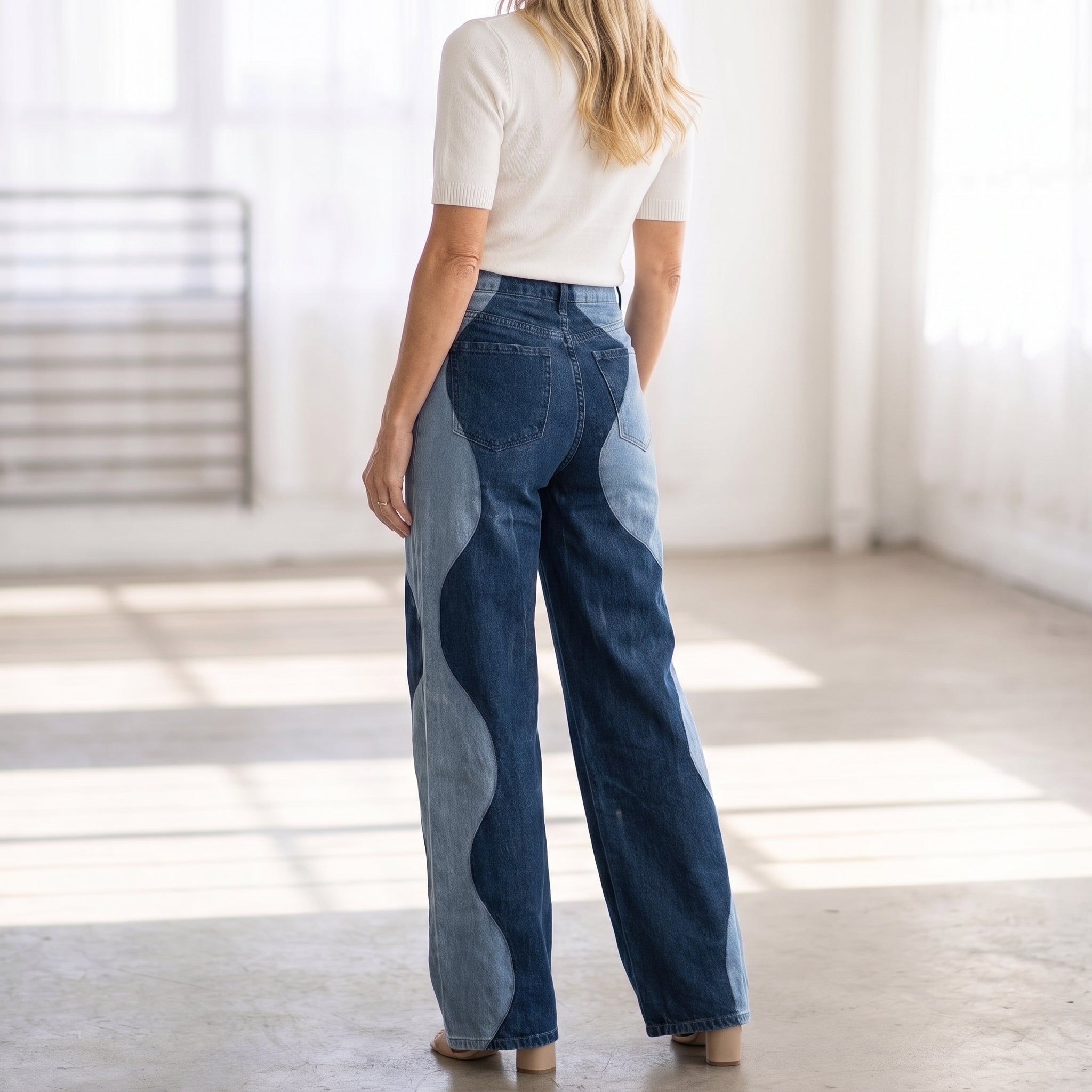 Two-Tone Curved Panel Wide-Leg Denim-Style Trousers with Front Pockets for Women