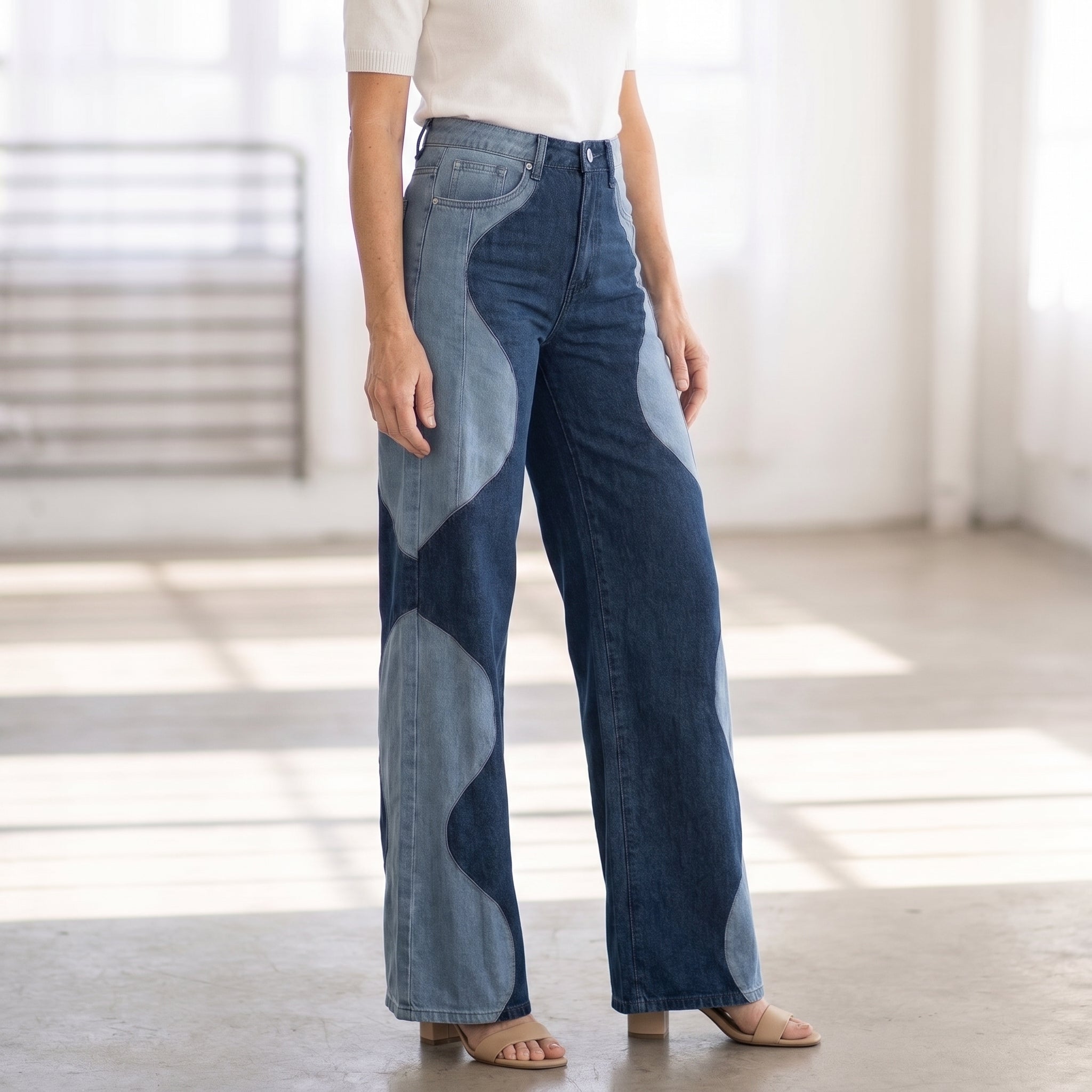 Two-Tone Curved Panel Wide-Leg Denim-Style Trousers with Front Pockets for Women