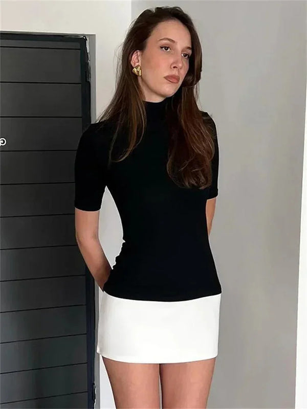 Two-Tone Short Dress with Turtleneck Neckline for Women