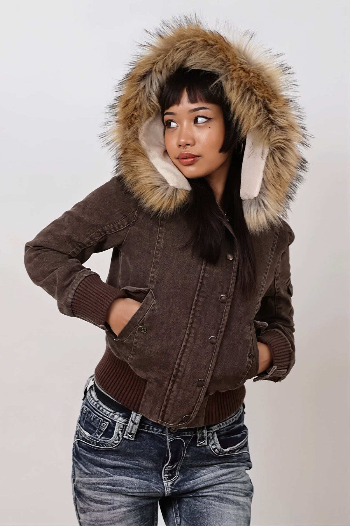Utility Jacket with Faux Fur Hood and Pockets for Womens