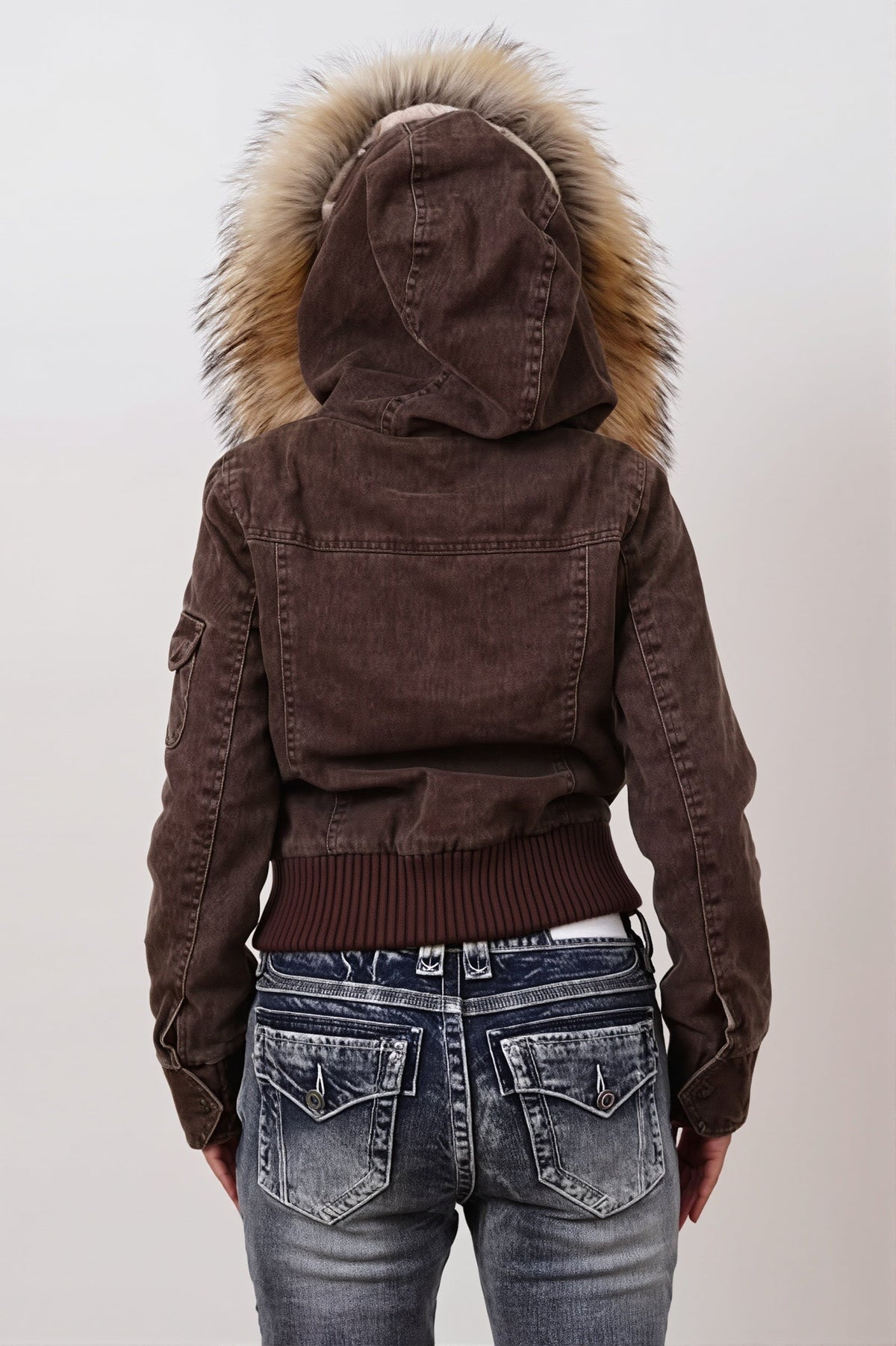 Utility Jacket with Faux Fur Hood and Pockets for Womens