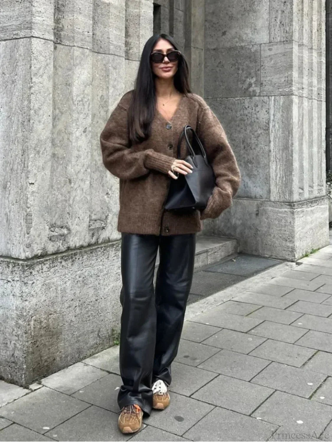 V-Neck Cardigan with Fuzzy Knit and Button Front for Womens