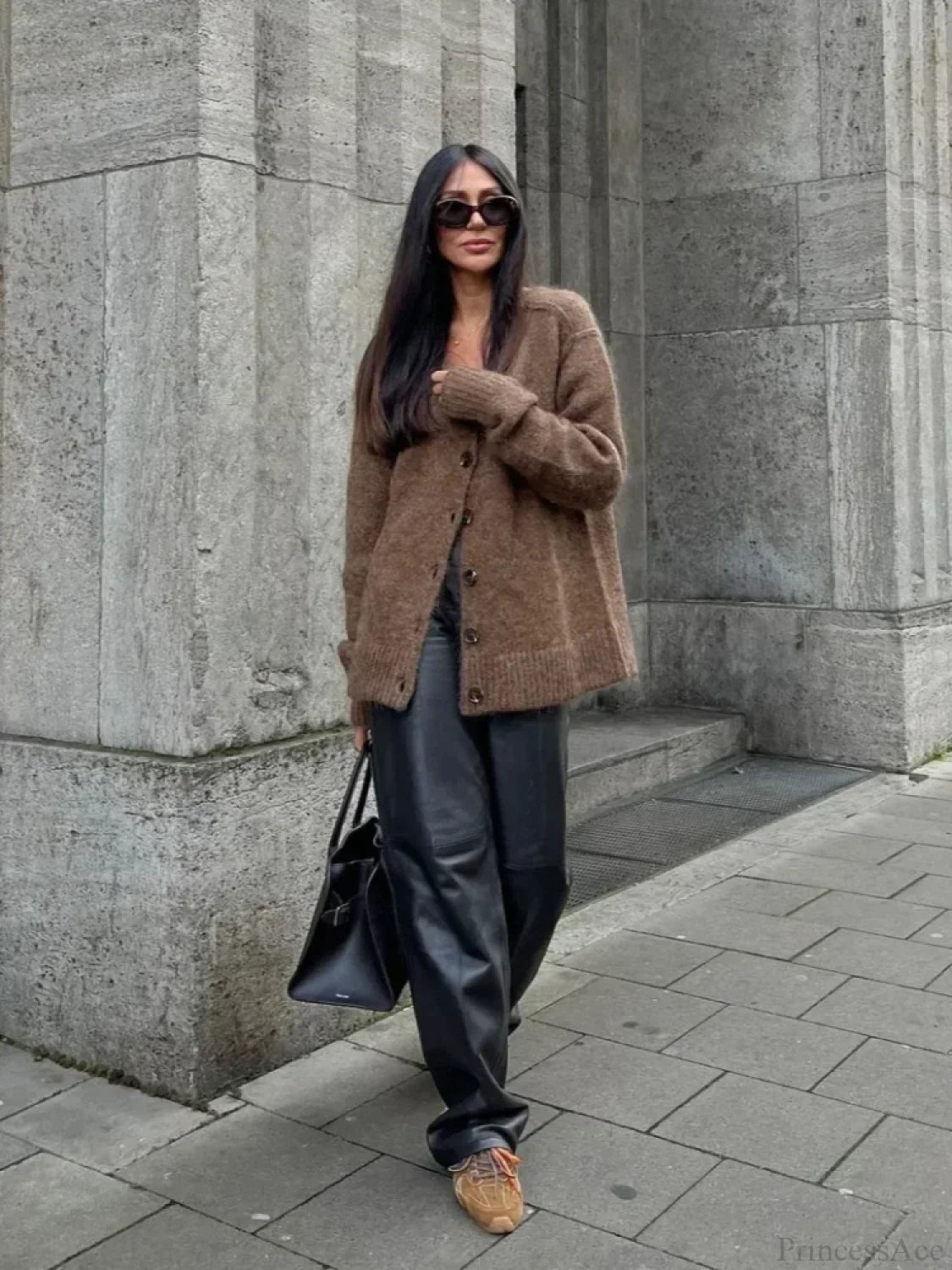 V-Neck Cardigan with Fuzzy Knit and Button Front for Womens