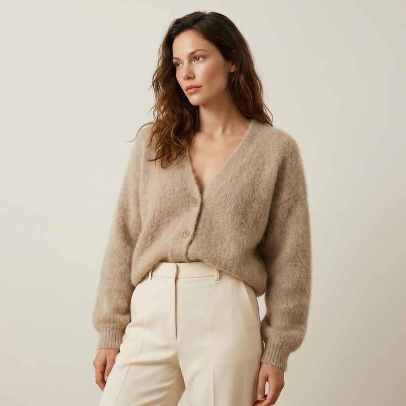 V-Neck Cardigan with Ribbed Cuffs for Women